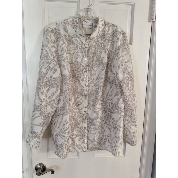 Alfred Dunner Tops - Alfred Dunner Women Aztec Sz 18 White Sheer Long Sleeve Button Up Floral Blouse